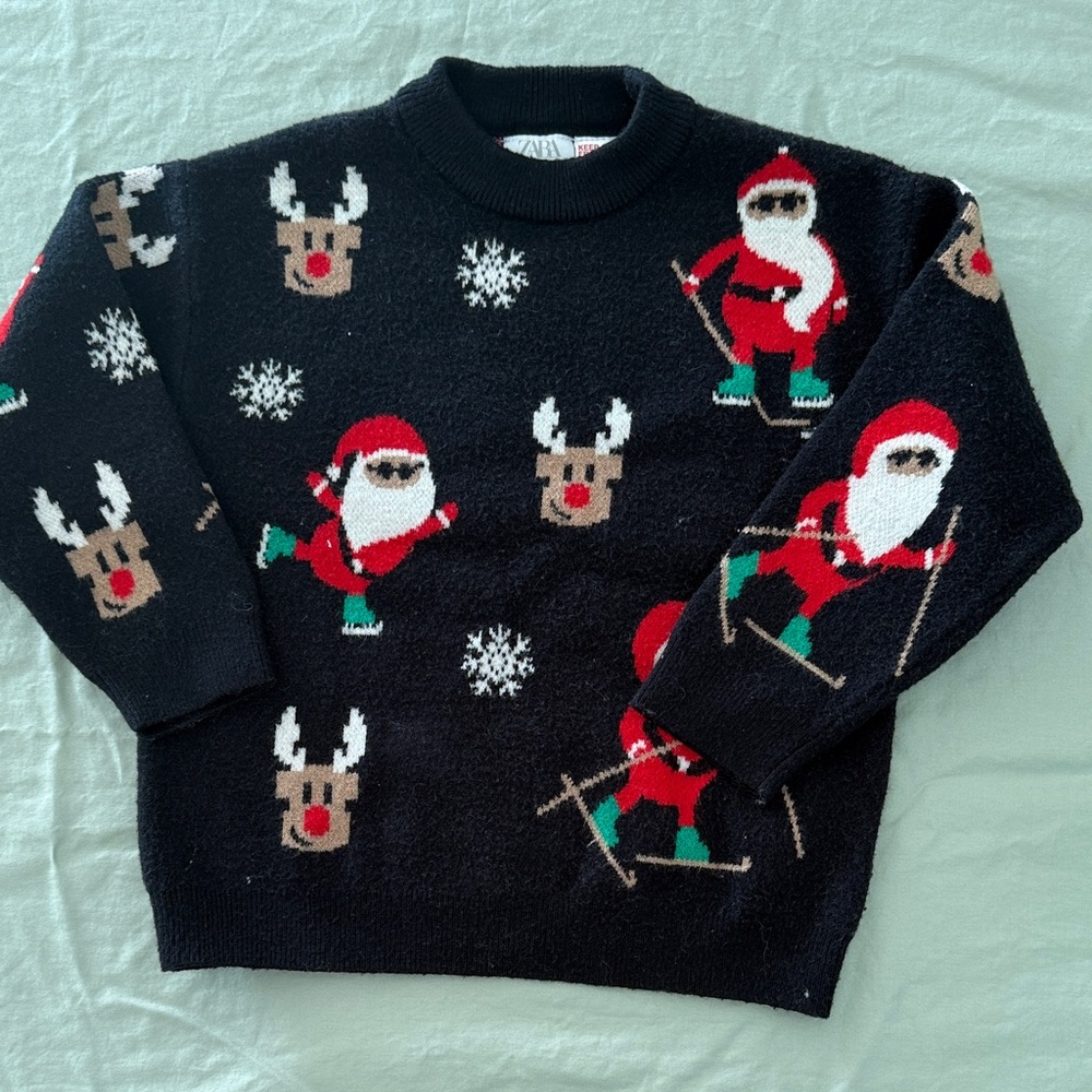Zara Kids Black Crewneck with Santa and Reindeer